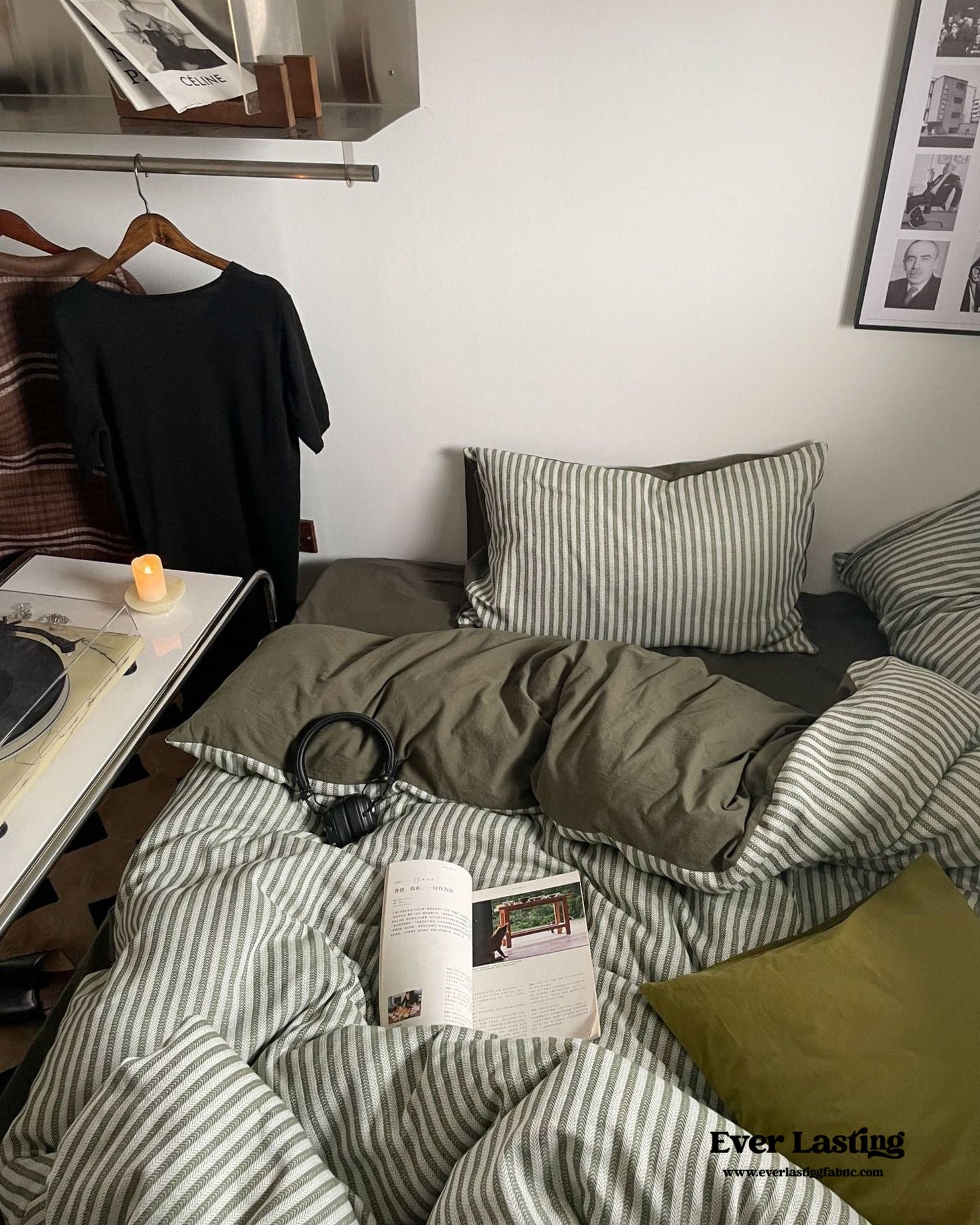 Moss Green Striped Jacquard Bedding Set