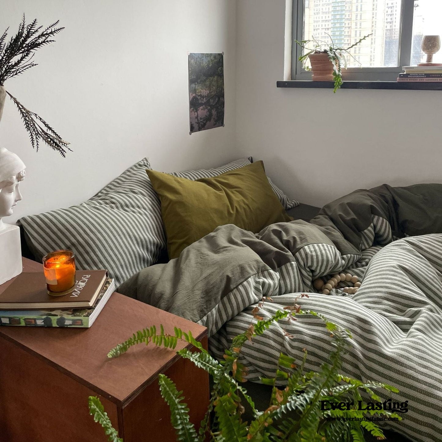 Moss Green Striped Jacquard Bedding Set