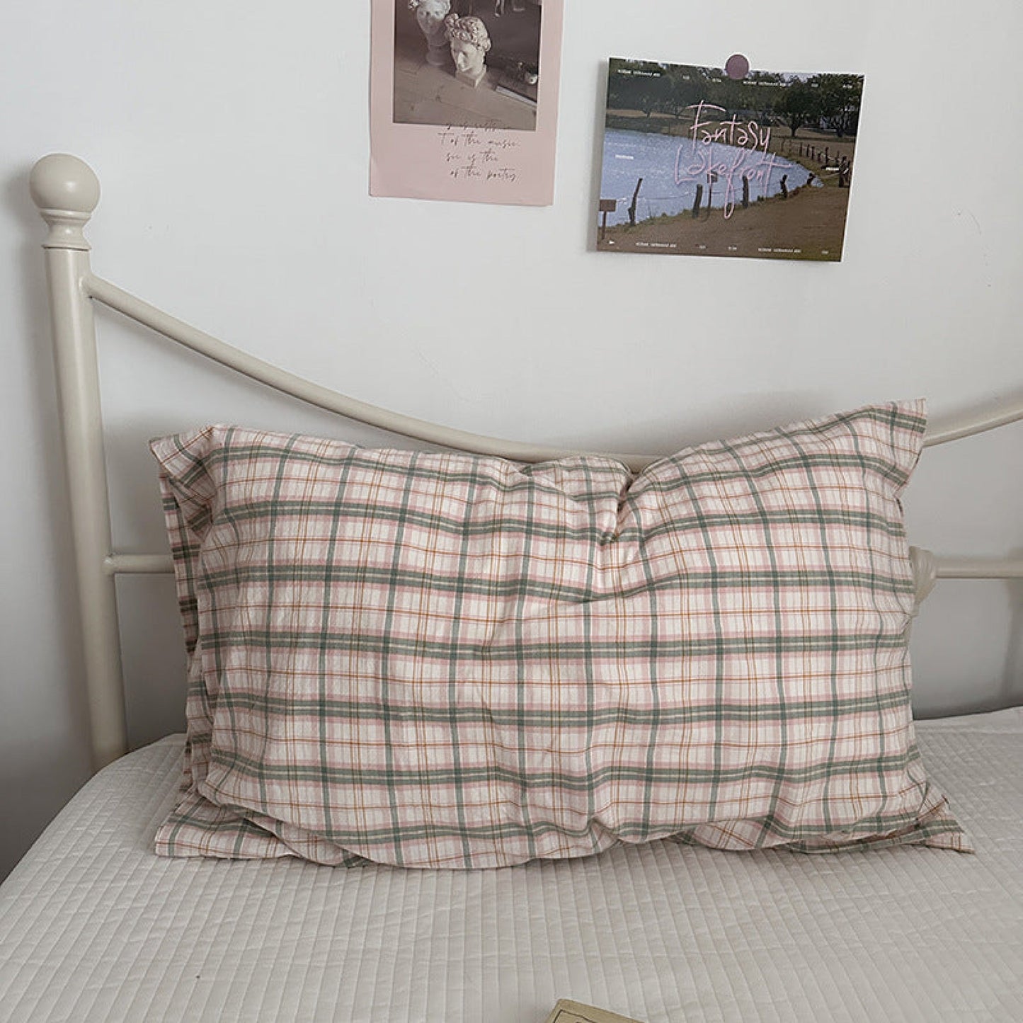 Muted Blush Cotton Pillowcase / Pink & Green Plaid