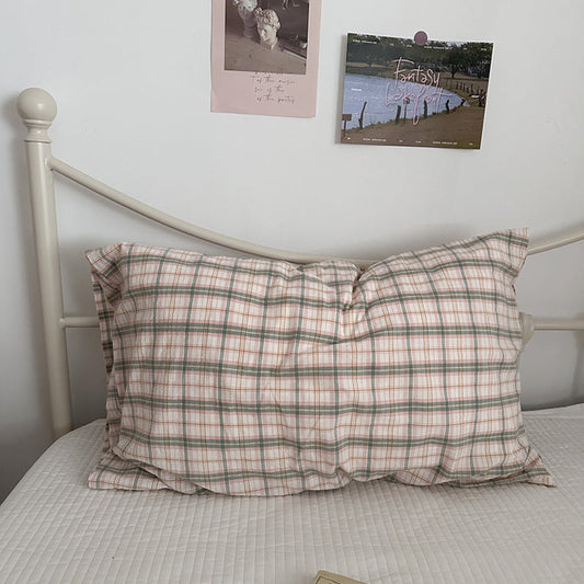 Muted Blush Cotton Pillowcase / Pink & Green Plaid