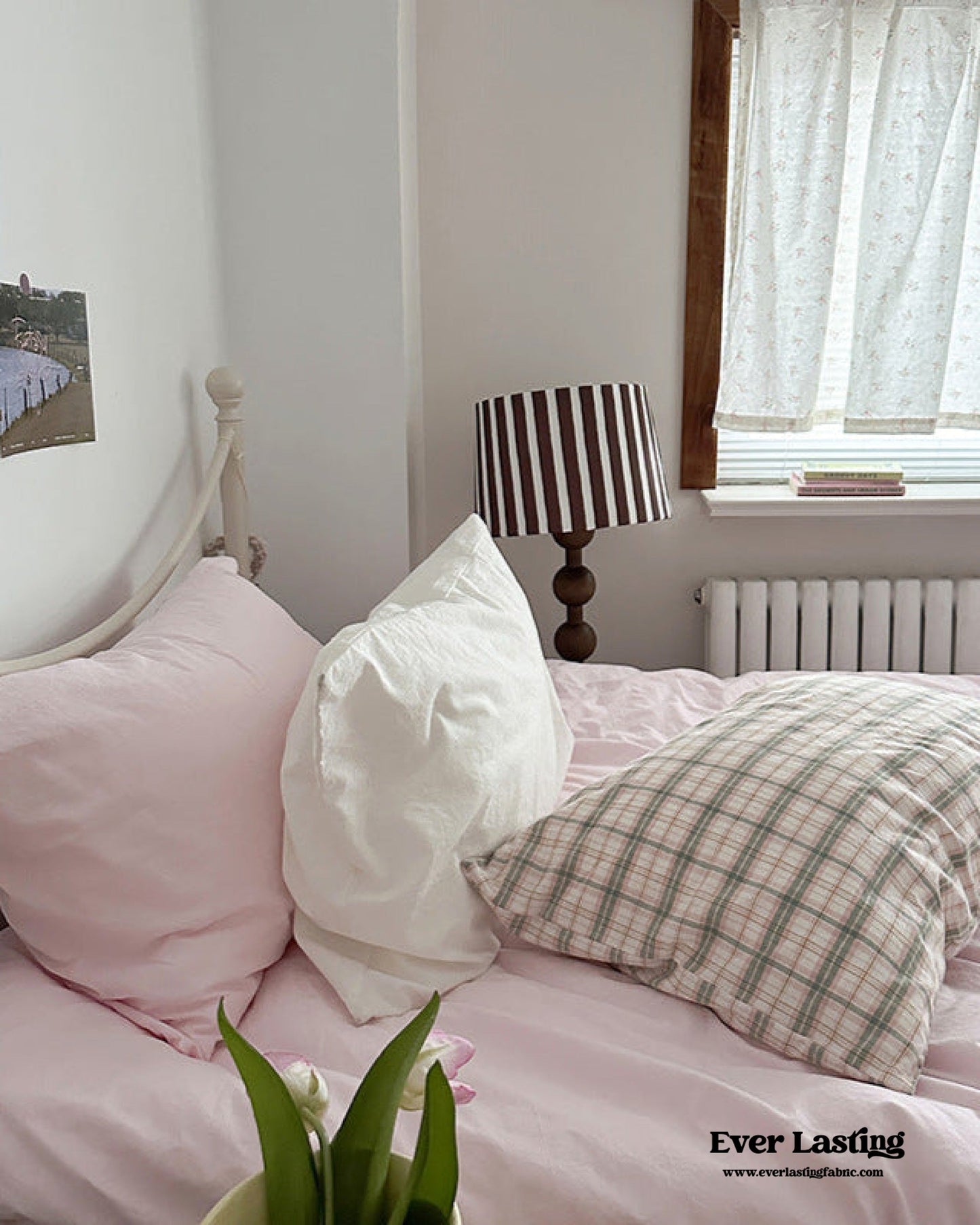 Muted Blush Cotton Pillowcase / Pink & Green Plaid