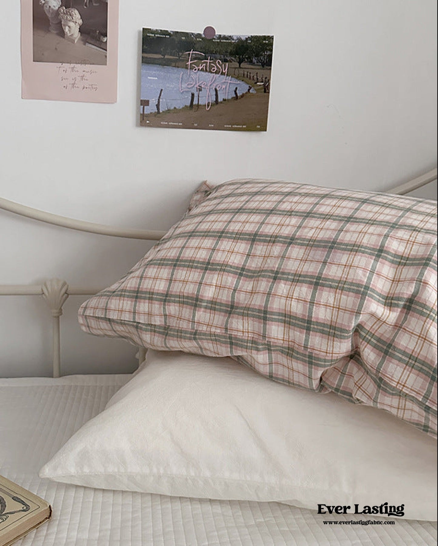 Muted Blush Cotton Pillowcase / Pink & Green Plaid