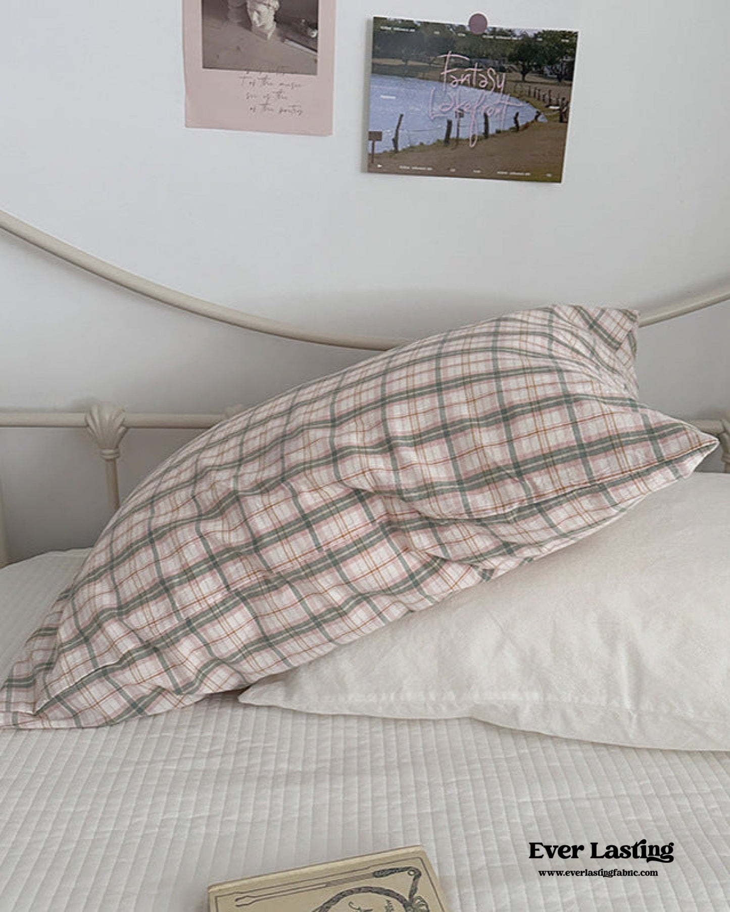 Muted Blush Cotton Pillowcase / Pink & Green Plaid