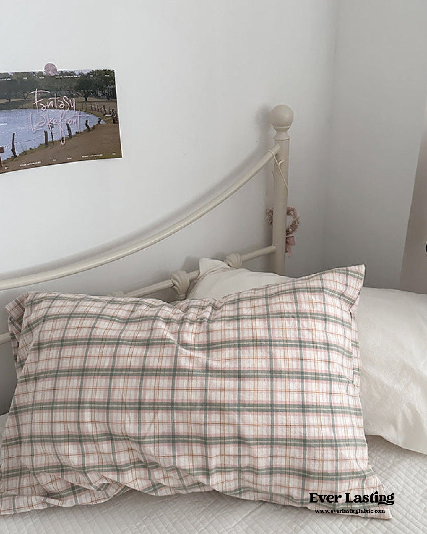 Muted Blush Cotton Pillowcase / Pink & Green Plaid