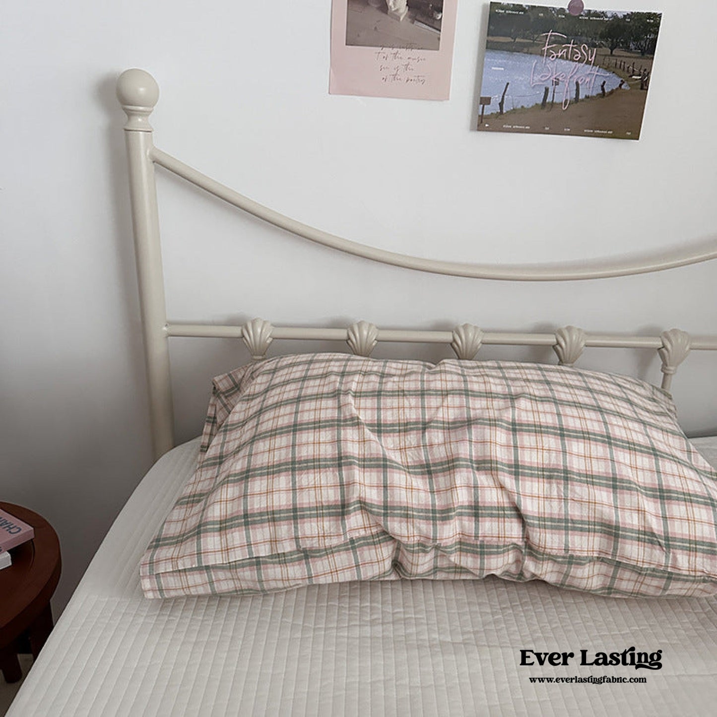 Muted Blush Cotton Pillowcase / Pink & Green Plaid