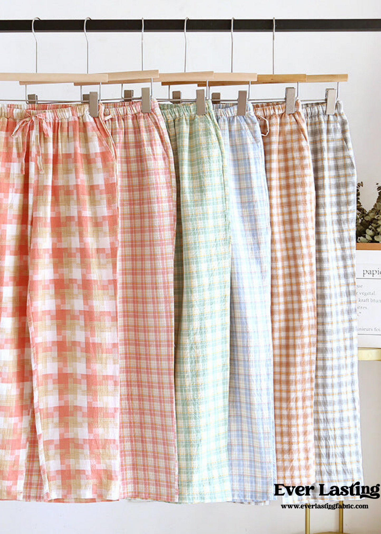 Plaid Washed Cotton Pajama Pants / Light Green