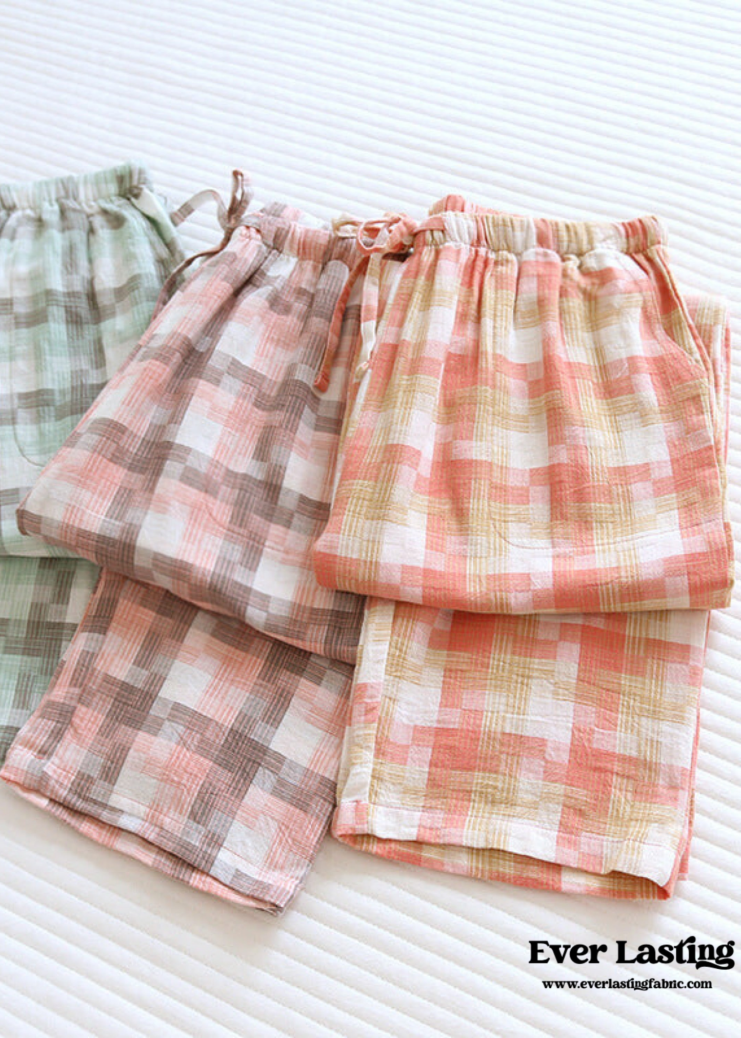 Plaid Washed Cotton Pajama Pants / Light Green