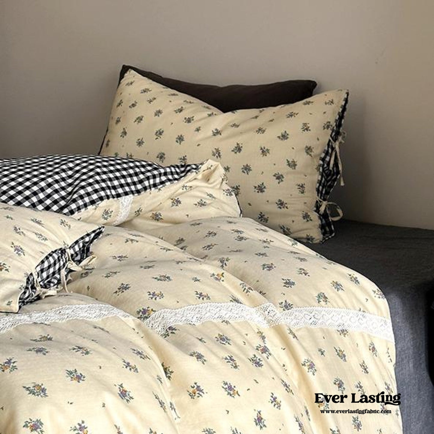 Rosalie Floral Lace Tie-Up Bedding Set / Khaki