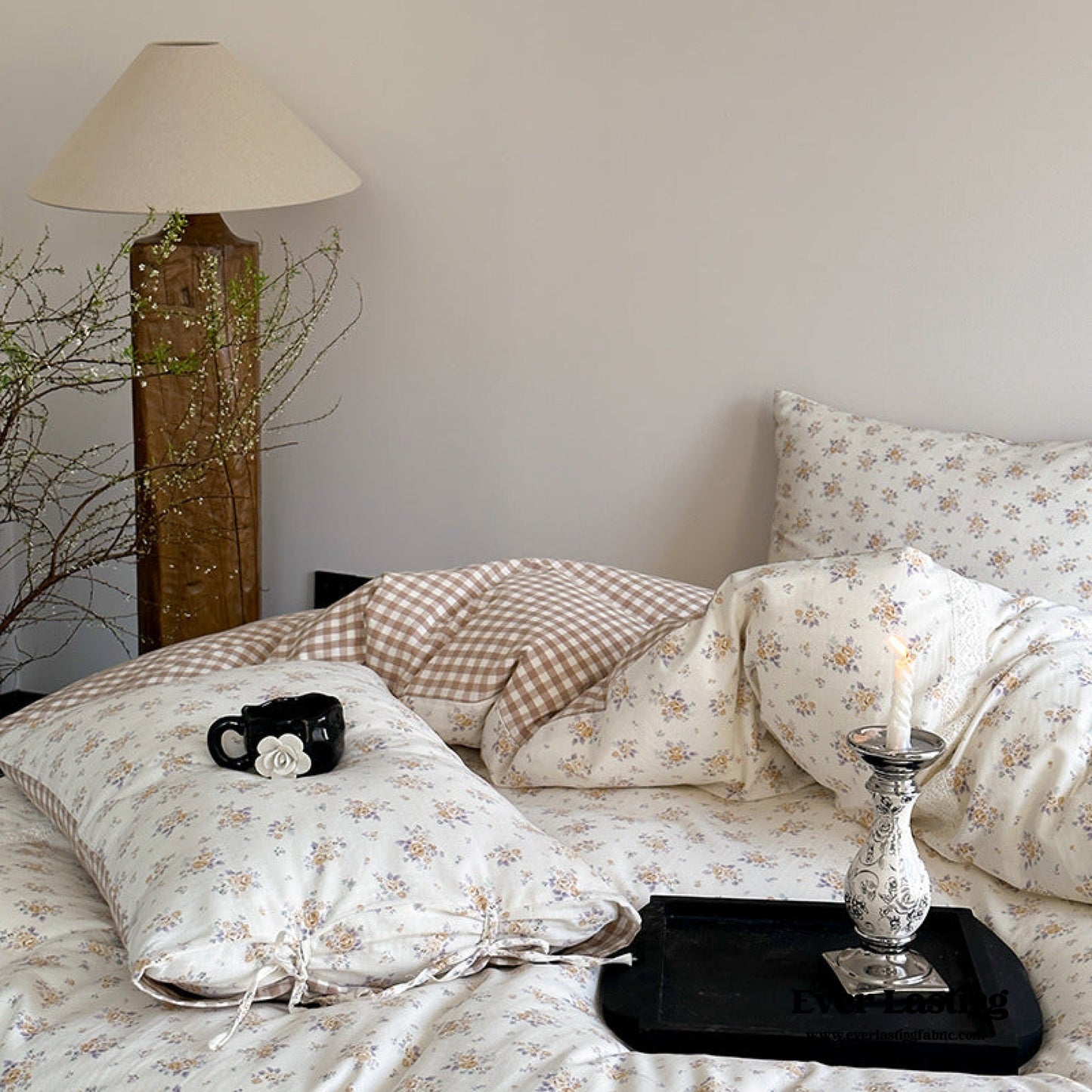 Rosalie Floral Lace Tie-Up Bedding Set / Khaki