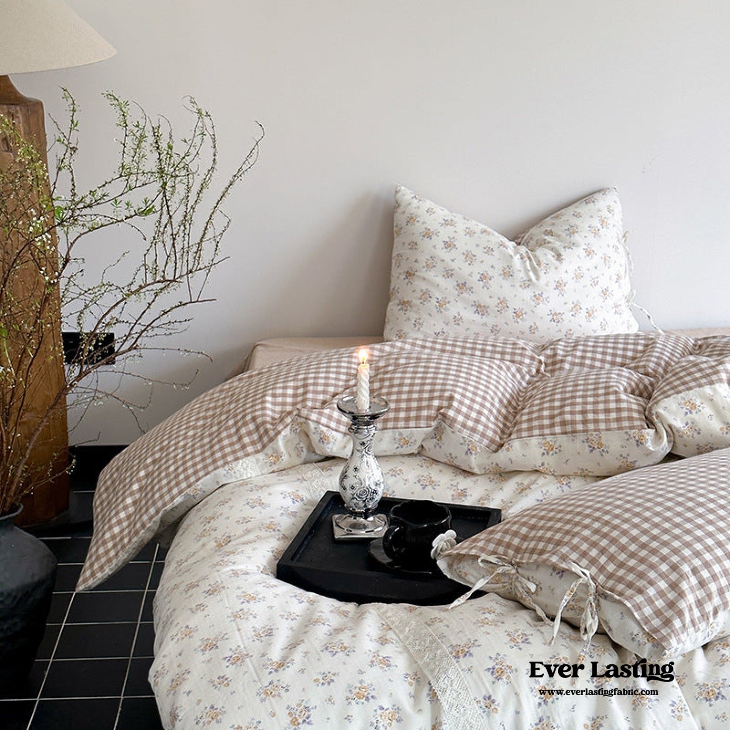 Rosalie Floral Lace Tie-Up Bedding Set / Khaki