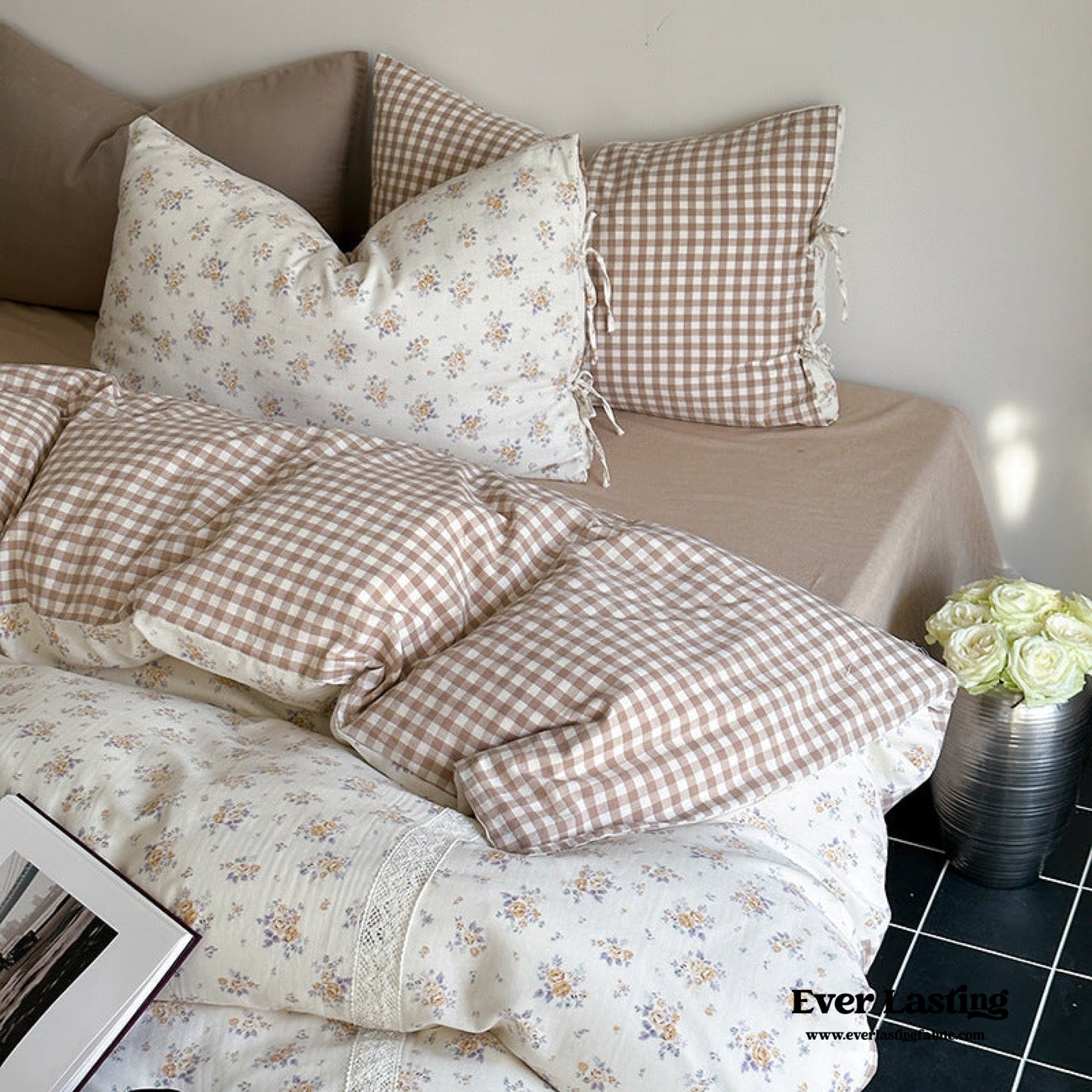 Rosalie Floral Lace Tie-Up Bedding Set / Khaki