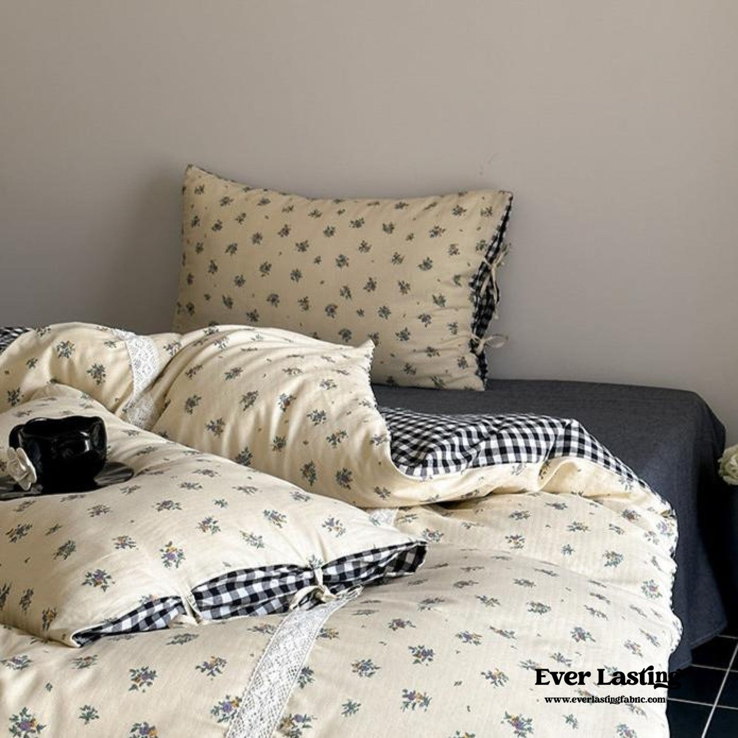 Rosalie Floral Lace Tie-Up Bedding Set / Khaki