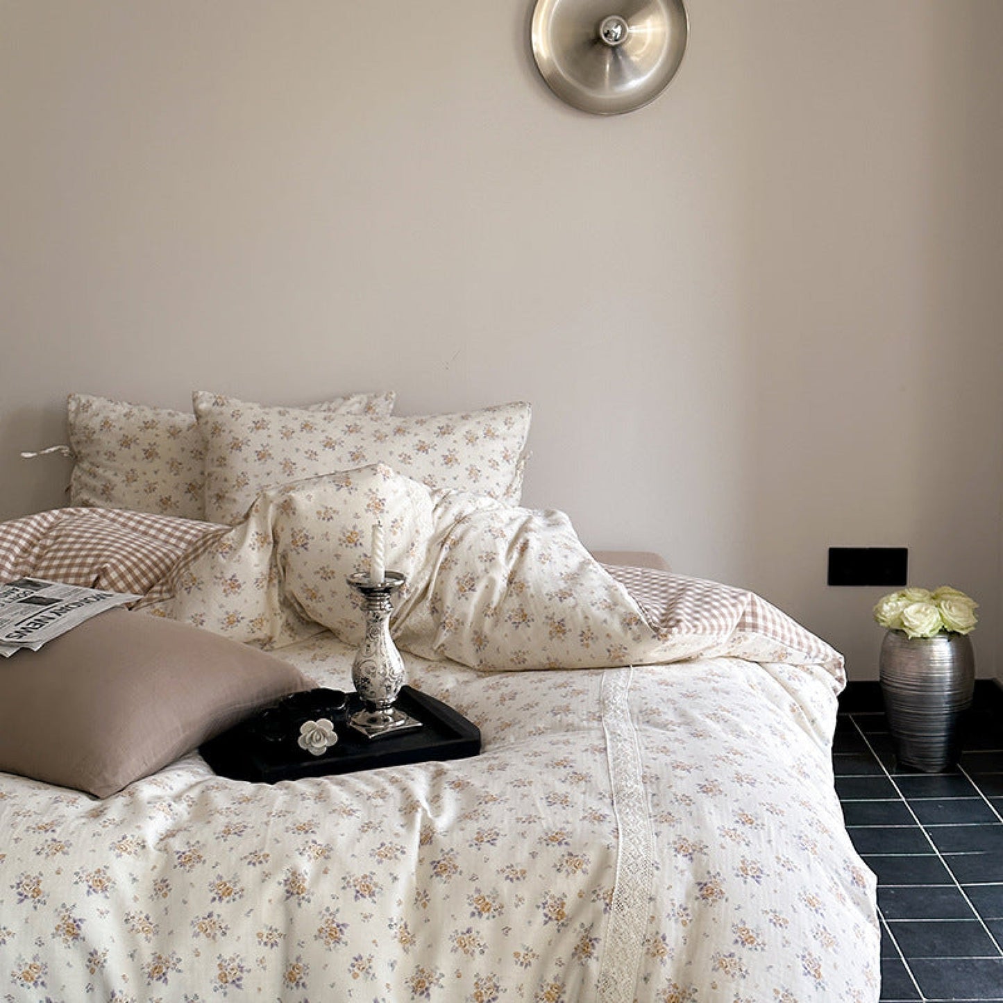 Rosalie Floral Lace Tie-Up Bedding Set / Khaki
