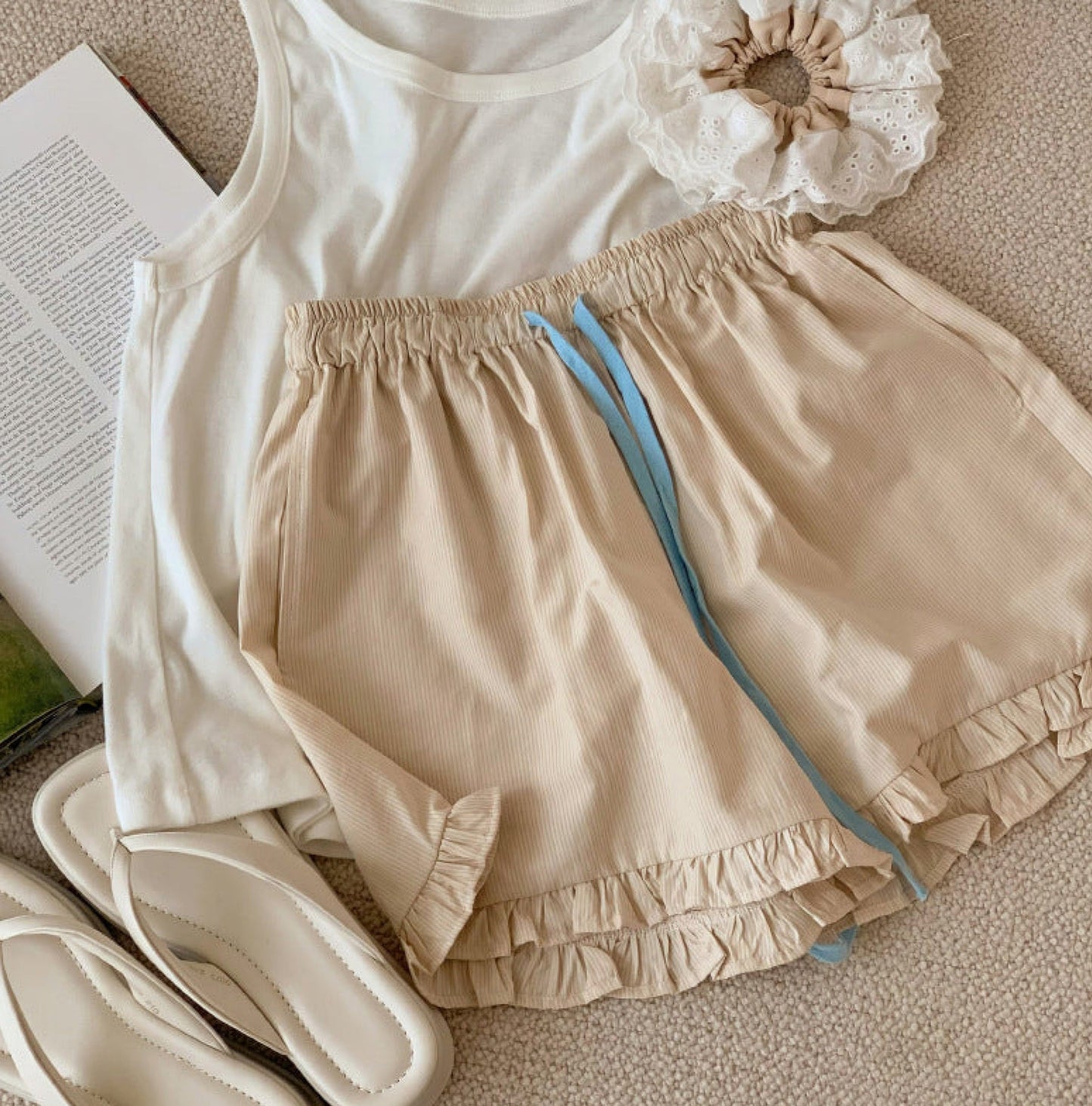 Ruffle Thin Stripes Shorts Lounge Bottoms / Blue