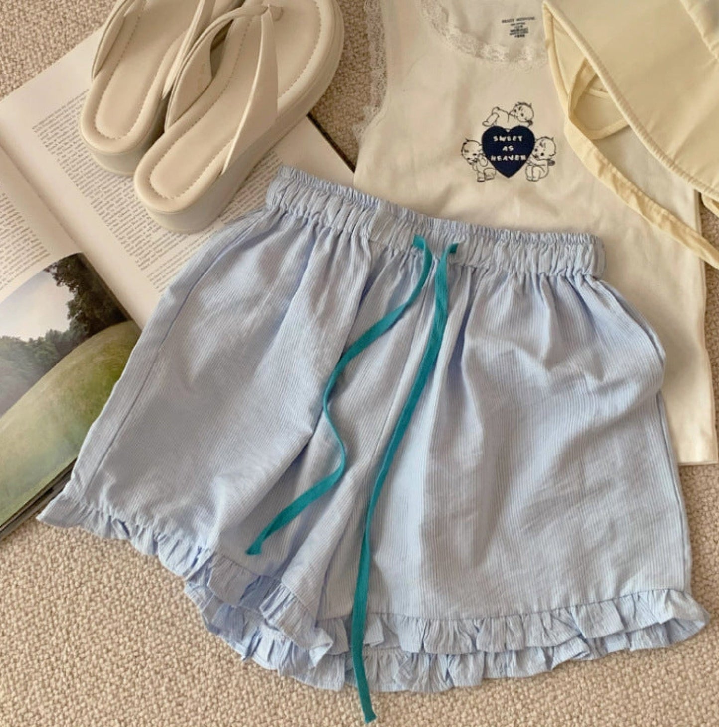 Ruffle Thin Stripes Shorts Lounge Bottoms / Blue