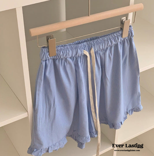 Ruffle Thin Stripes Shorts Lounge Bottoms / Blue
