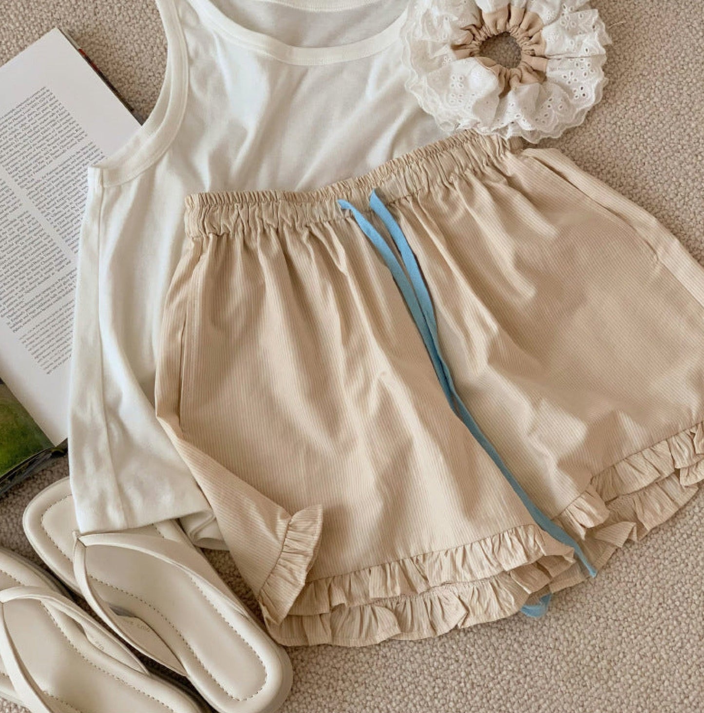 Ruffle Thin Stripes Shorts Lounge Bottoms / Light Blue