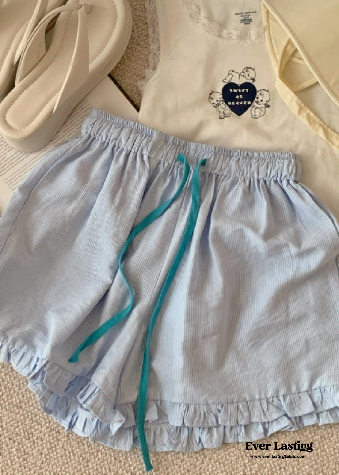 Ruffle Thin Stripes Shorts Lounge Bottoms / Light Blue