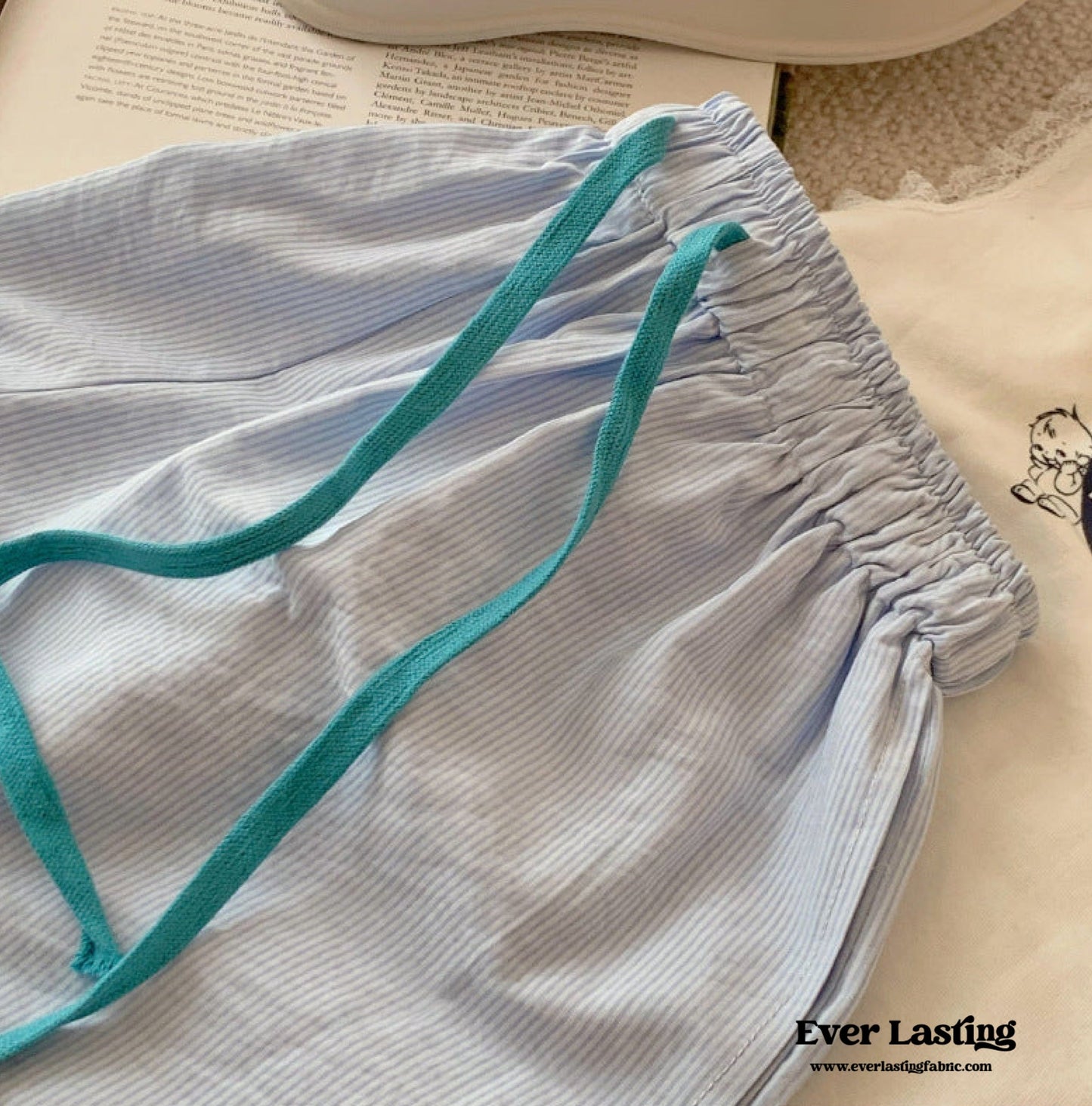 Ruffle Thin Stripes Shorts Lounge Bottoms / Light Blue