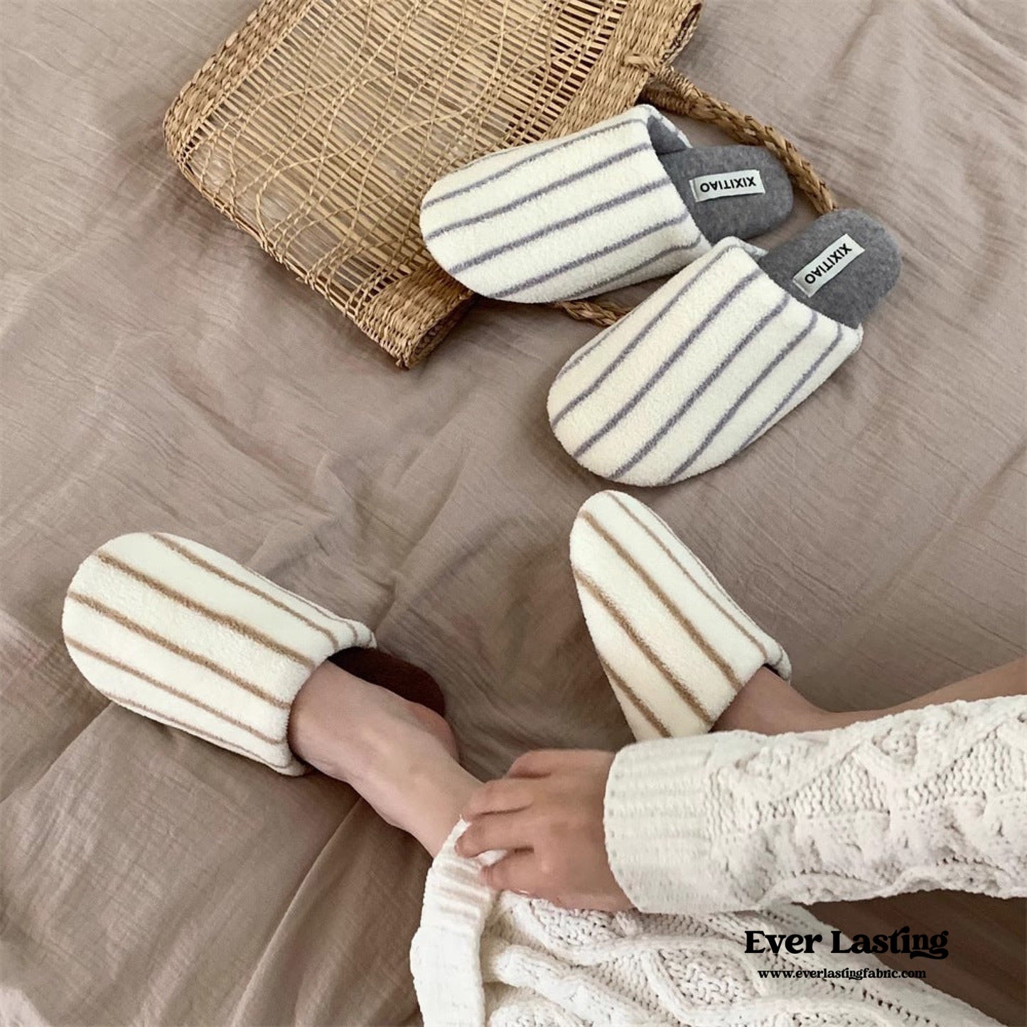 Striped Cotton House Slippers / Brown