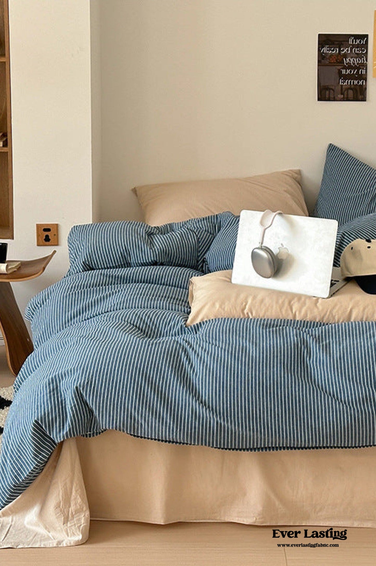 Thin Striped Bedding Set / Beige & Olive Green