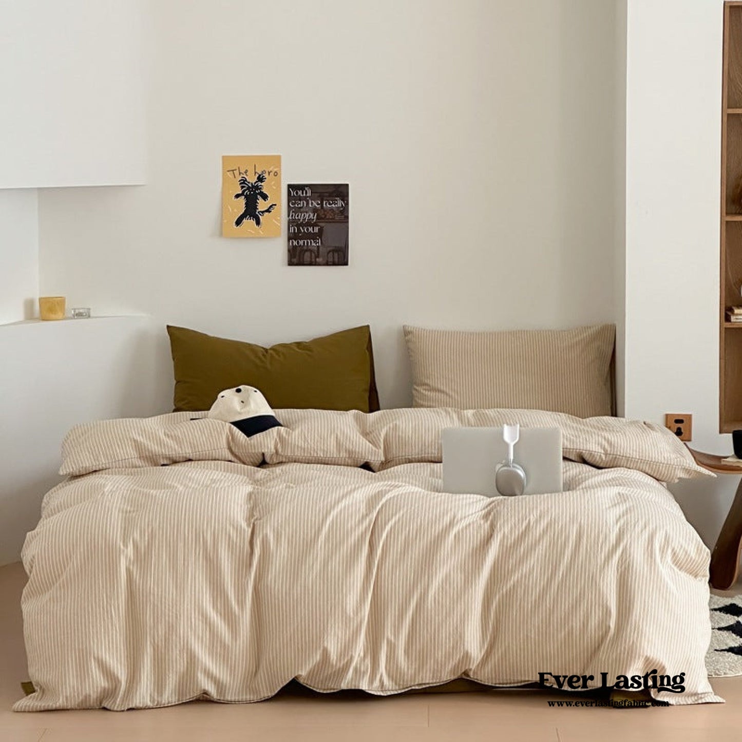 Thin Striped Bedding Set / Beige & Olive Green
