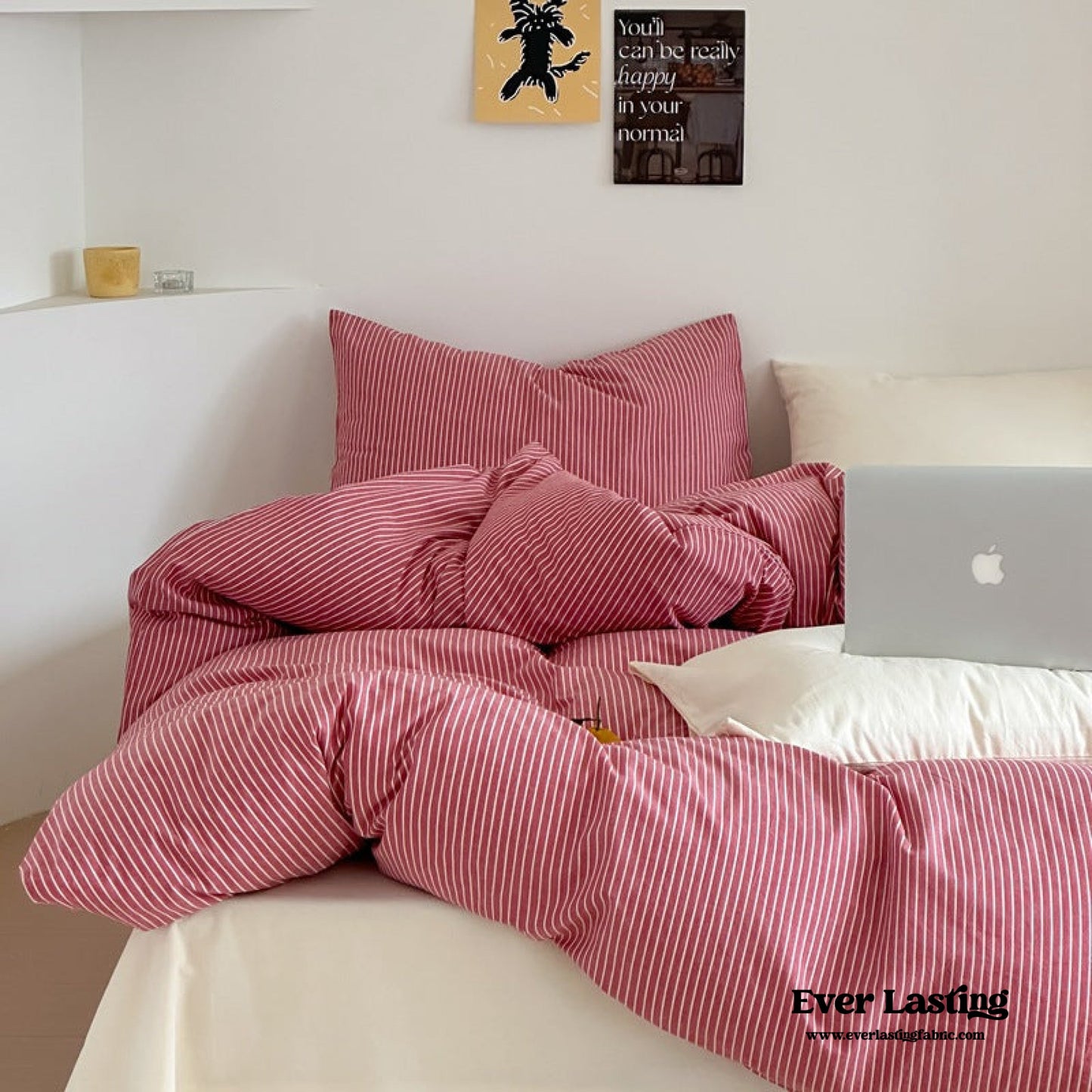 Thin Striped Bedding Set / Beige & Olive Green