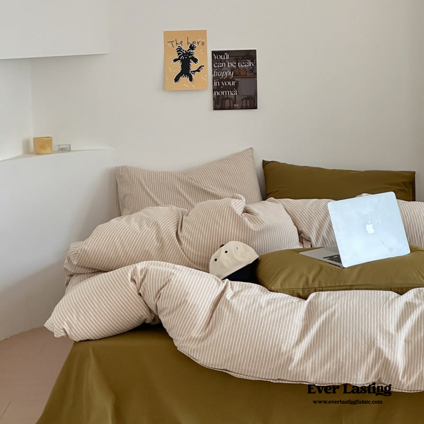 Thin Striped Bedding Set / Beige & Olive Green