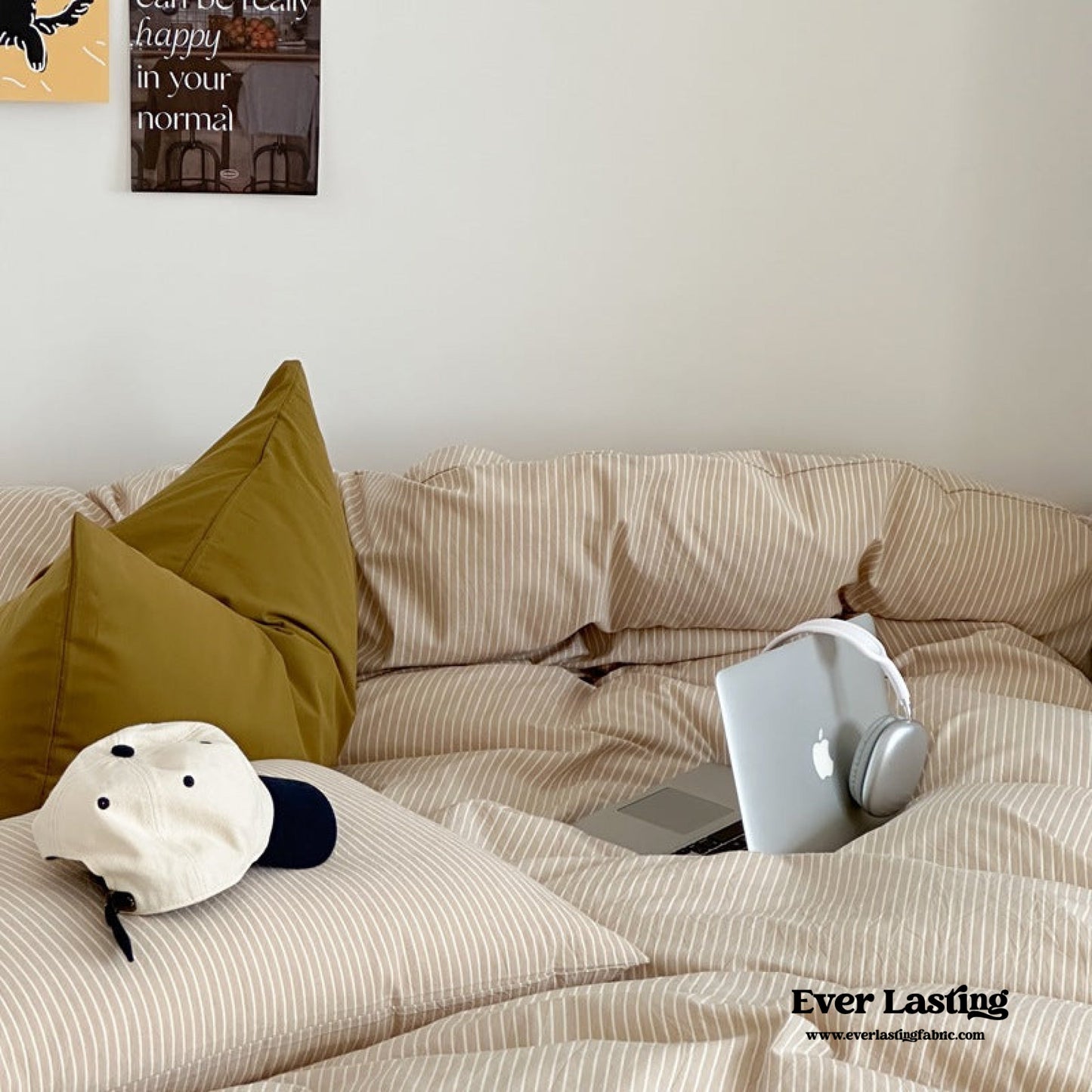 Thin Striped Bedding Set / Beige & Olive Green
