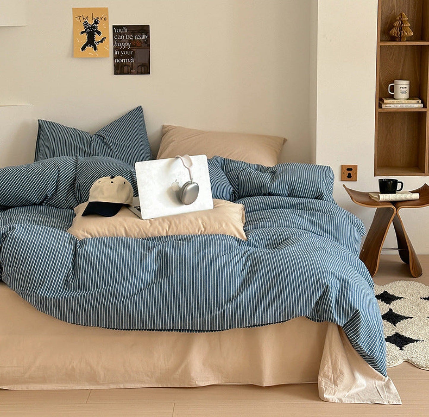 Thin Striped Bedding Set / Beige & Olive Green