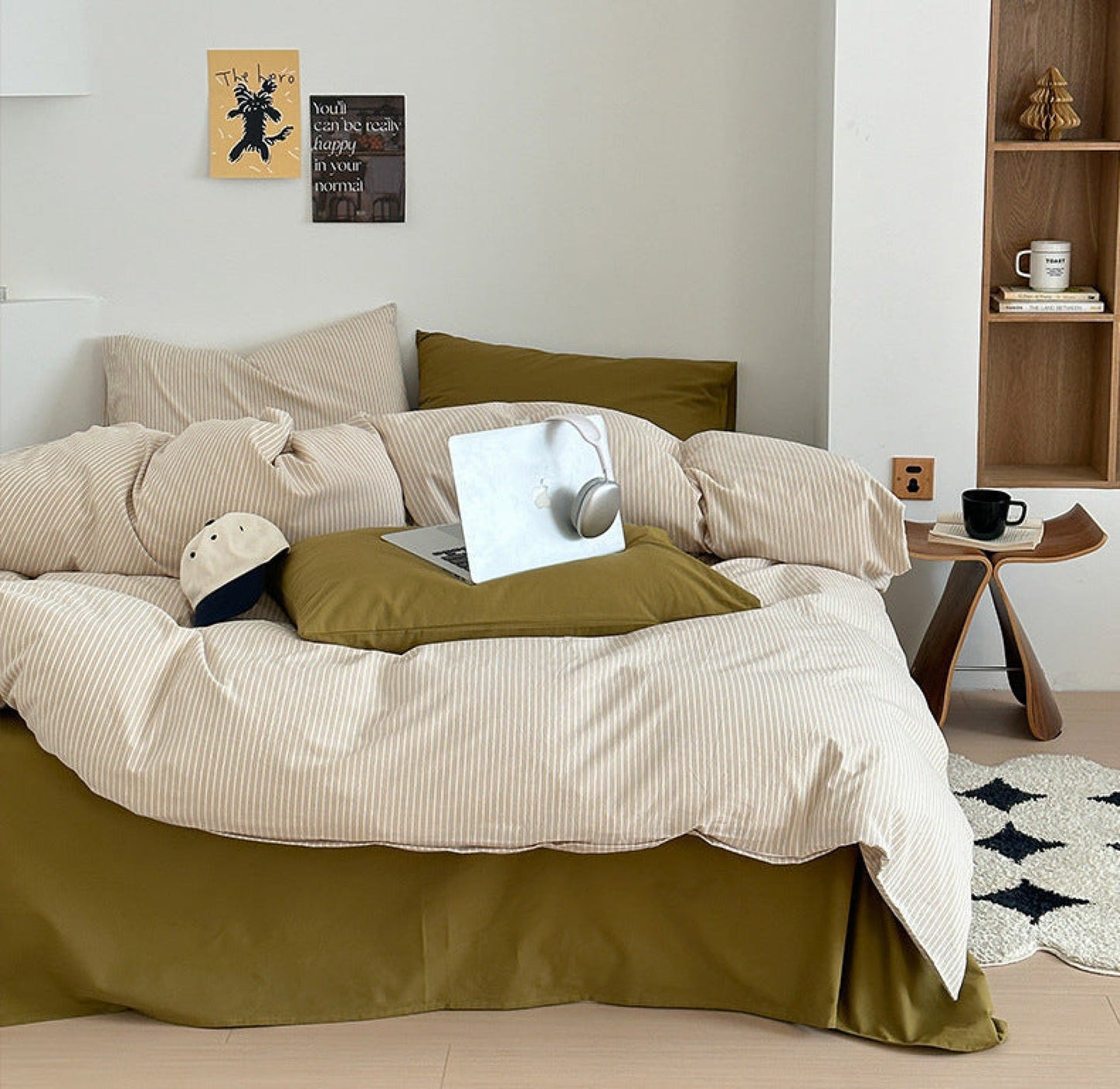 Thin Striped Bedding Set / Beige & Olive Green